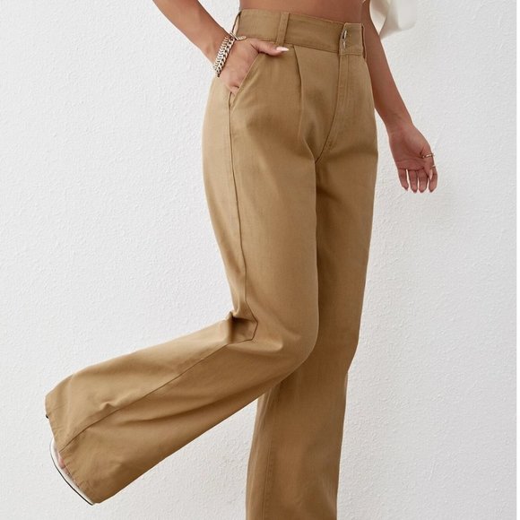 Khaki Plain Womens High Waist Wide Leg Jeans - Picture 5 of 5